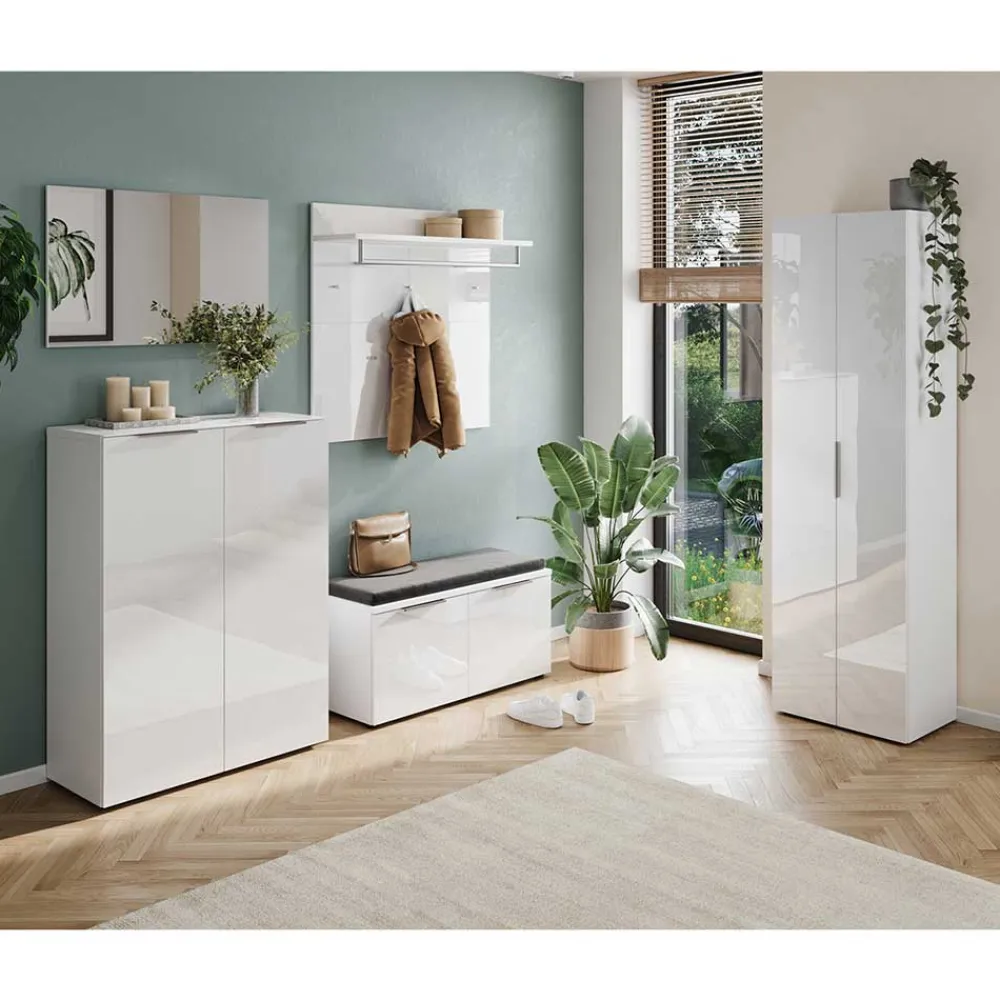 Wohnen Diele Komplett*Weiße Flureinrichtung mit Glasbeschichtung - Kofi (fünfteilig)