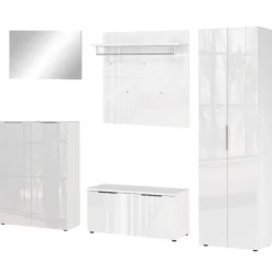 Wohnen Diele Komplett*Weiße Flureinrichtung mit Glasbeschichtung - Kofi (fünfteilig)