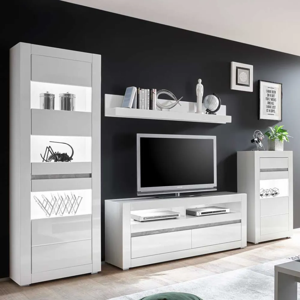 Wohnen Wohnzimmerschränke|Wohnwände*Weiße Hochglanzmöbel für das Wohnzimmer Mextra optional mit LED (vierteilig)