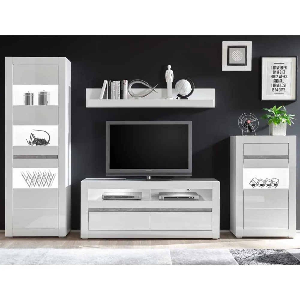 Wohnen Wohnzimmerschränke|Wohnwände*Weiße Hochglanzmöbel für das Wohnzimmer Mextra optional mit LED (vierteilig)