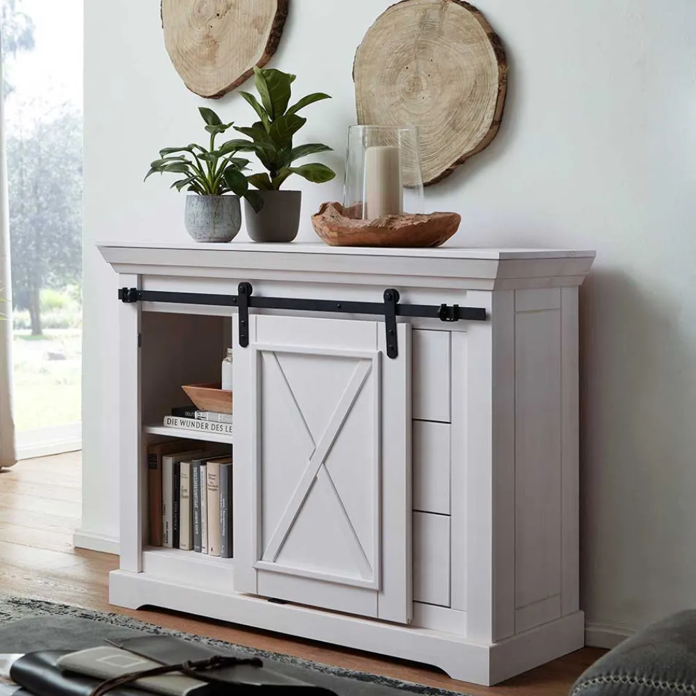 Wohnen Sideboards & Kommoden|Landhausmöbel*Weiße Kommode mit Schiebetür & Schubladen - Kuito