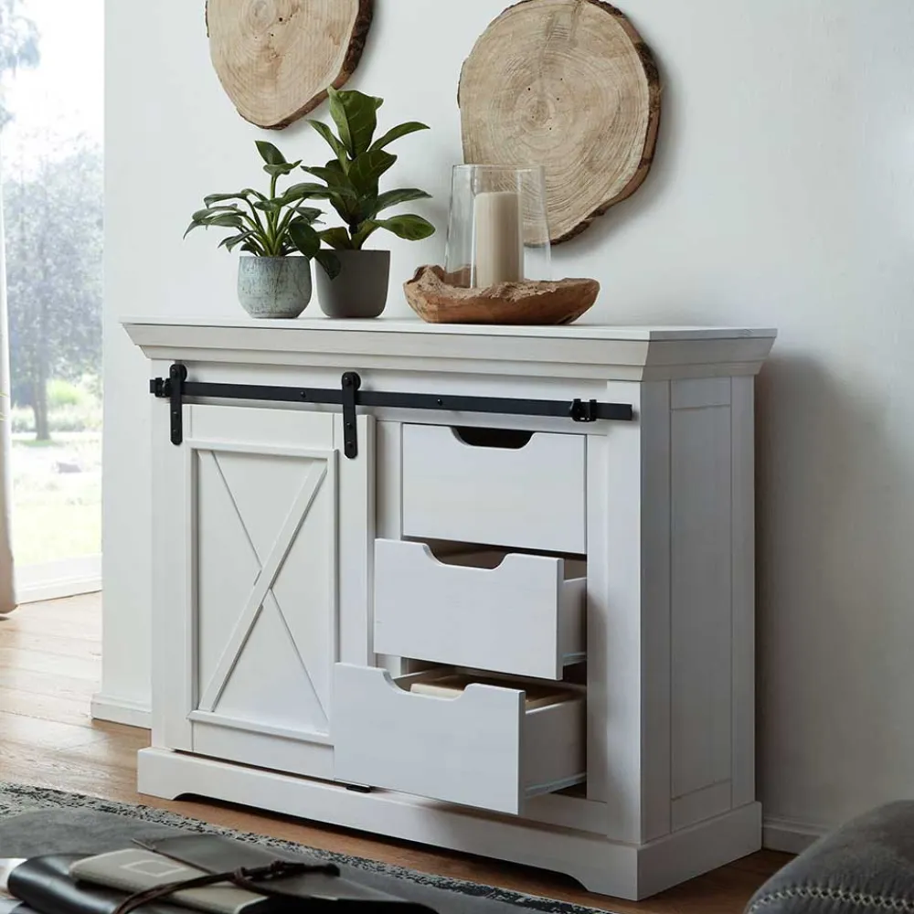 Wohnen Sideboards & Kommoden|Landhausmöbel*Weiße Kommode mit Schiebetür & Schubladen - Kuito