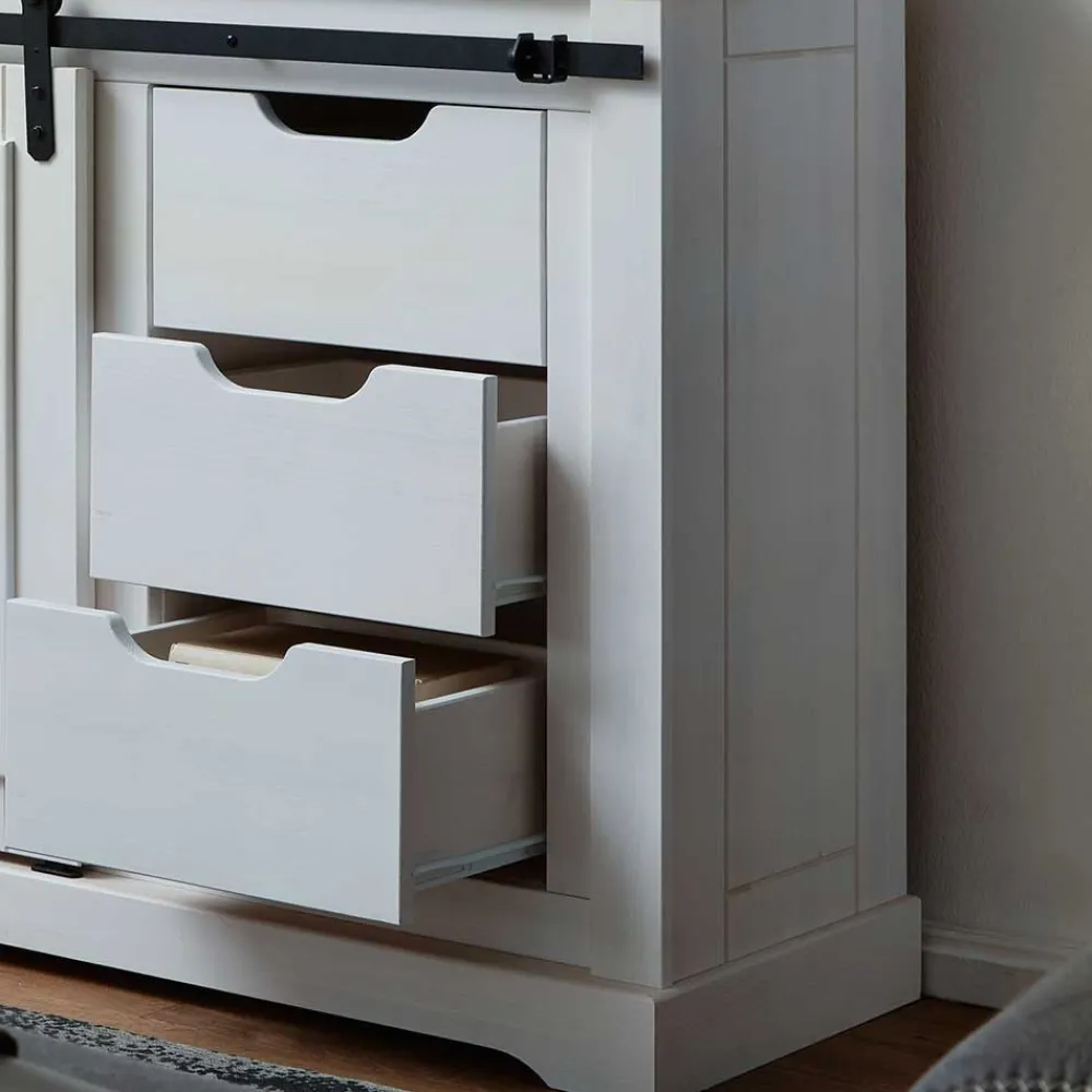 Wohnen Sideboards & Kommoden|Landhausmöbel*Weiße Kommode mit Schiebetür & Schubladen - Kuito