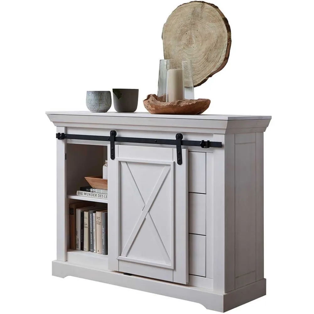 Wohnen Sideboards & Kommoden|Landhausmöbel*Weiße Kommode mit Schiebetür & Schubladen - Kuito