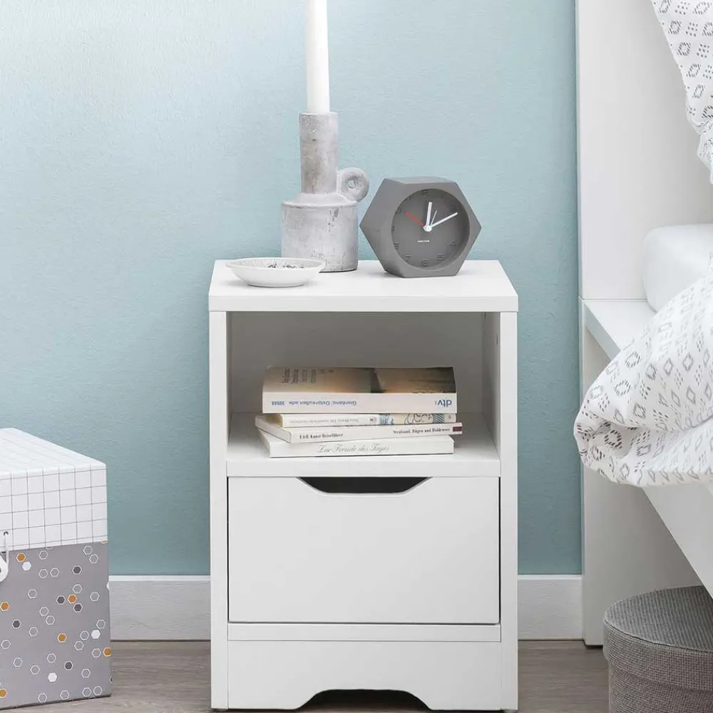 Wohnen Weiße Nachtkonsole mit Schublade und Fach - Hank