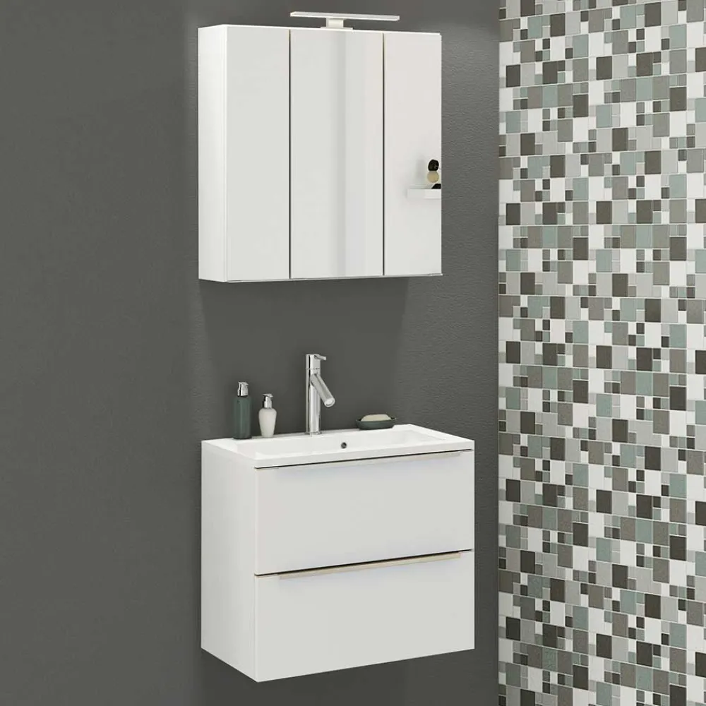 Wohnen Weiße Möbel|Glasmöbel*Weiße Waschkonsole & Spiegelschrank - Livendas (zweiteilig)