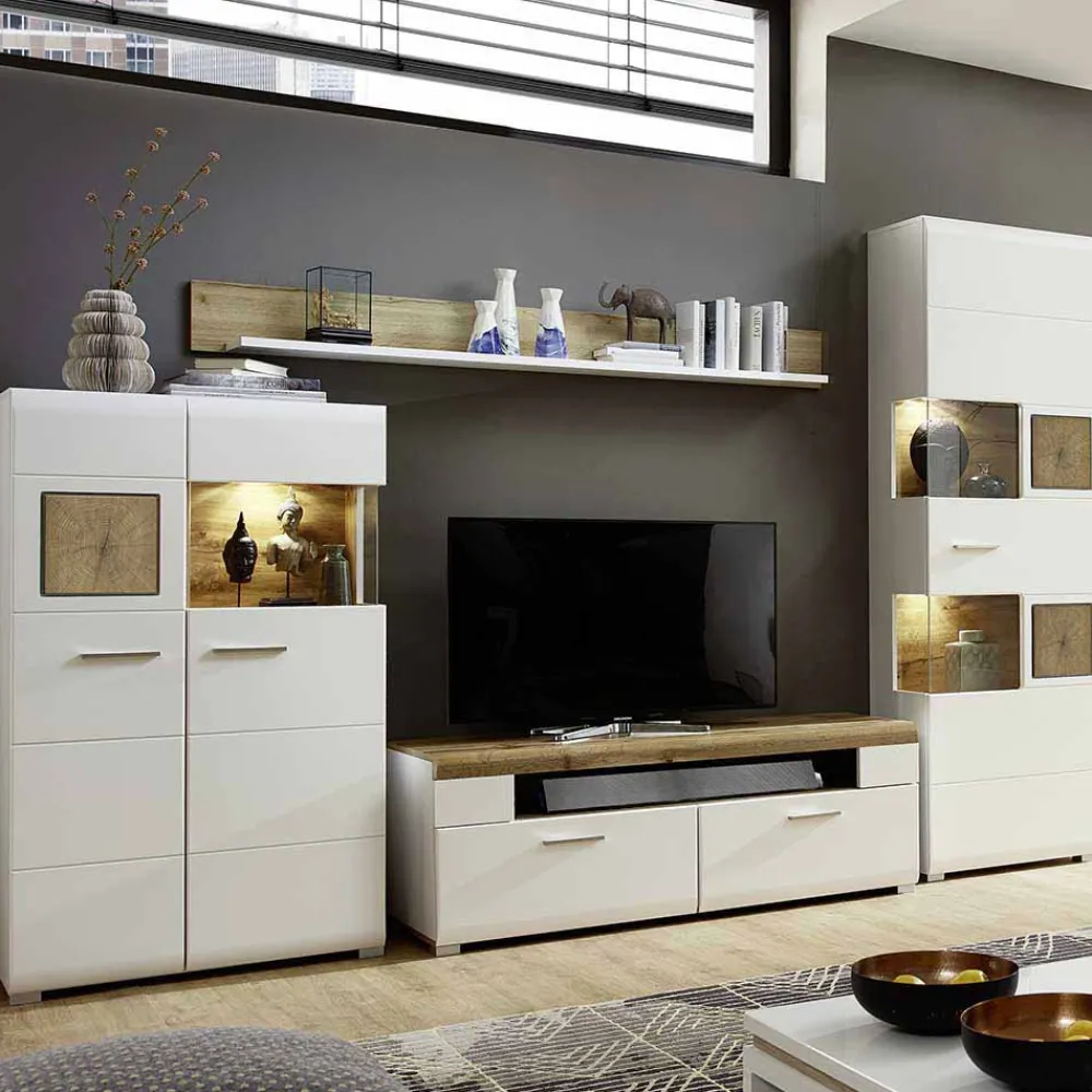 Wohnen Weiße Wohnwand Lisepio mit Eichen-Elementen (vierteilig)