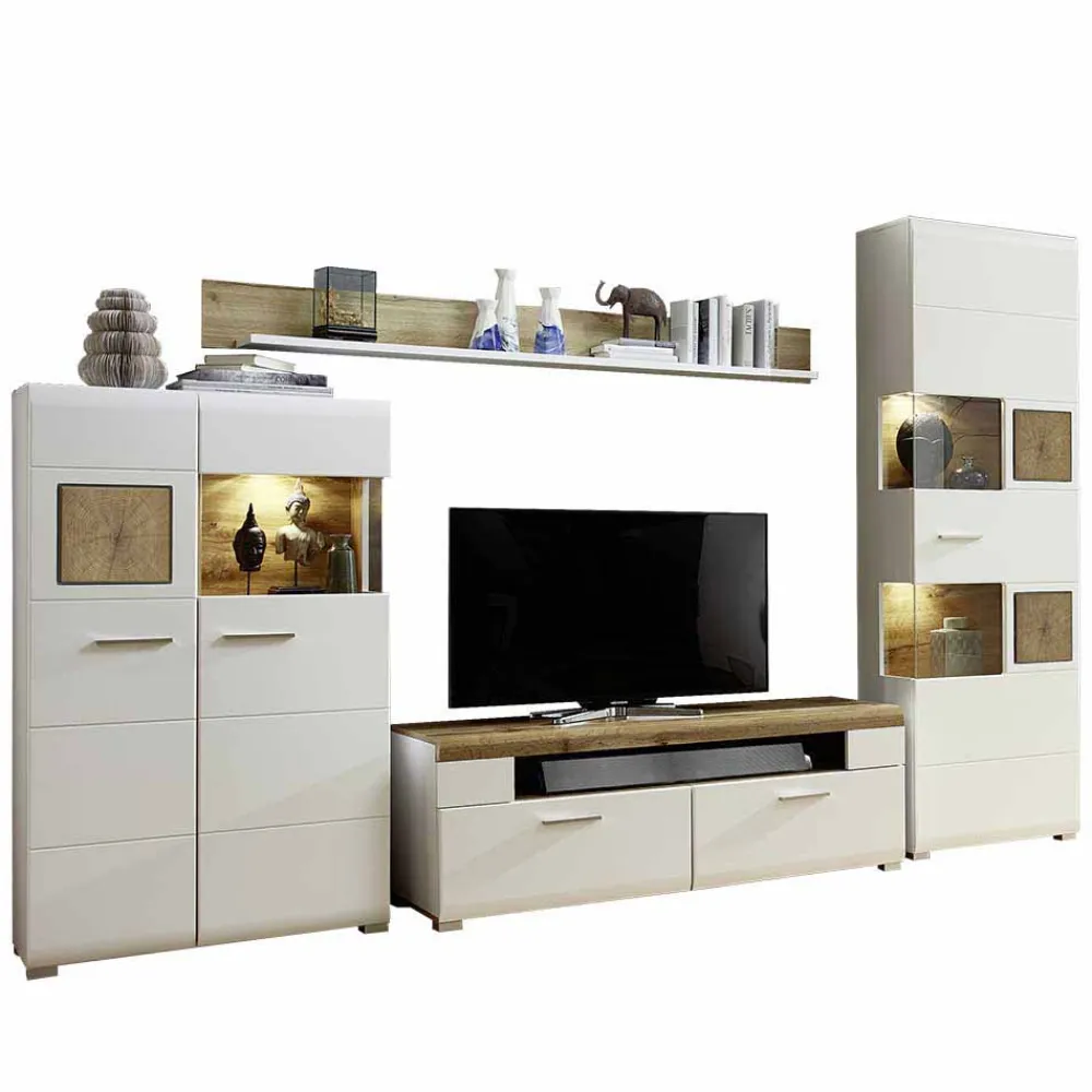 Wohnen Weiße Wohnwand Lisepio mit Eichen-Elementen (vierteilig)