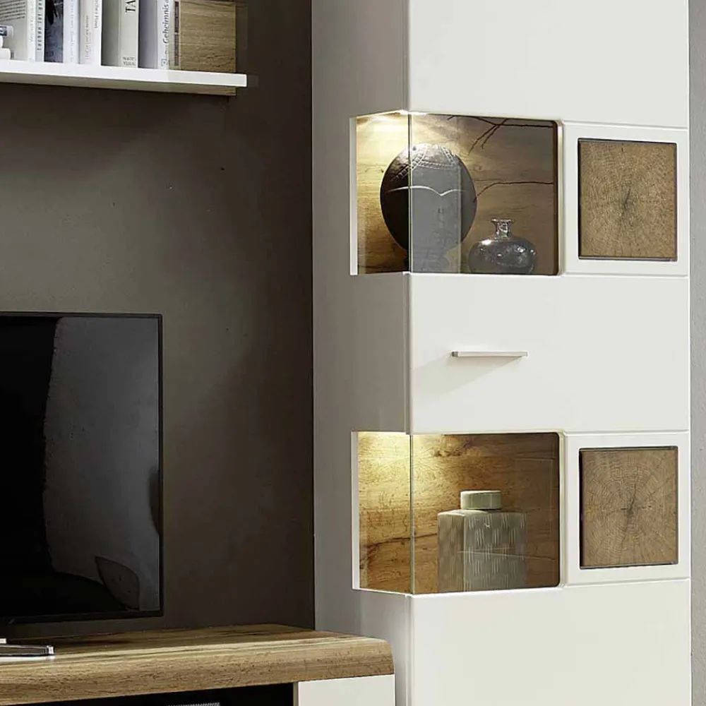 Wohnen Weiße Wohnwand Lisepio mit Eichen-Elementen (vierteilig)