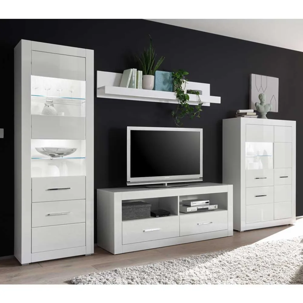 Wohnen Wohnzimmerschränke|Wohnwände*Weiße Wohnwand mit Hochglanz Fronten Yulis optional mit Beleuchtung (vierteilig)