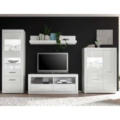 Wohnen Wohnzimmerschränke|Wohnwände*Weiße Wohnwand mit Hochglanz Fronten Yulis optional mit Beleuchtung (vierteilig)