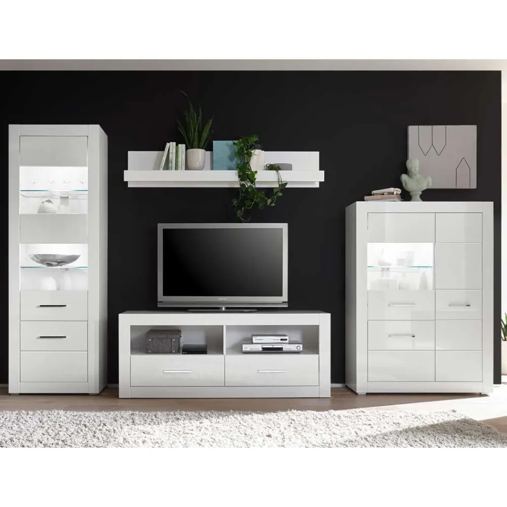 Wohnen Wohnzimmerschränke|Wohnwände*Weiße Wohnwand mit Hochglanz Fronten Yulis optional mit Beleuchtung (vierteilig)
