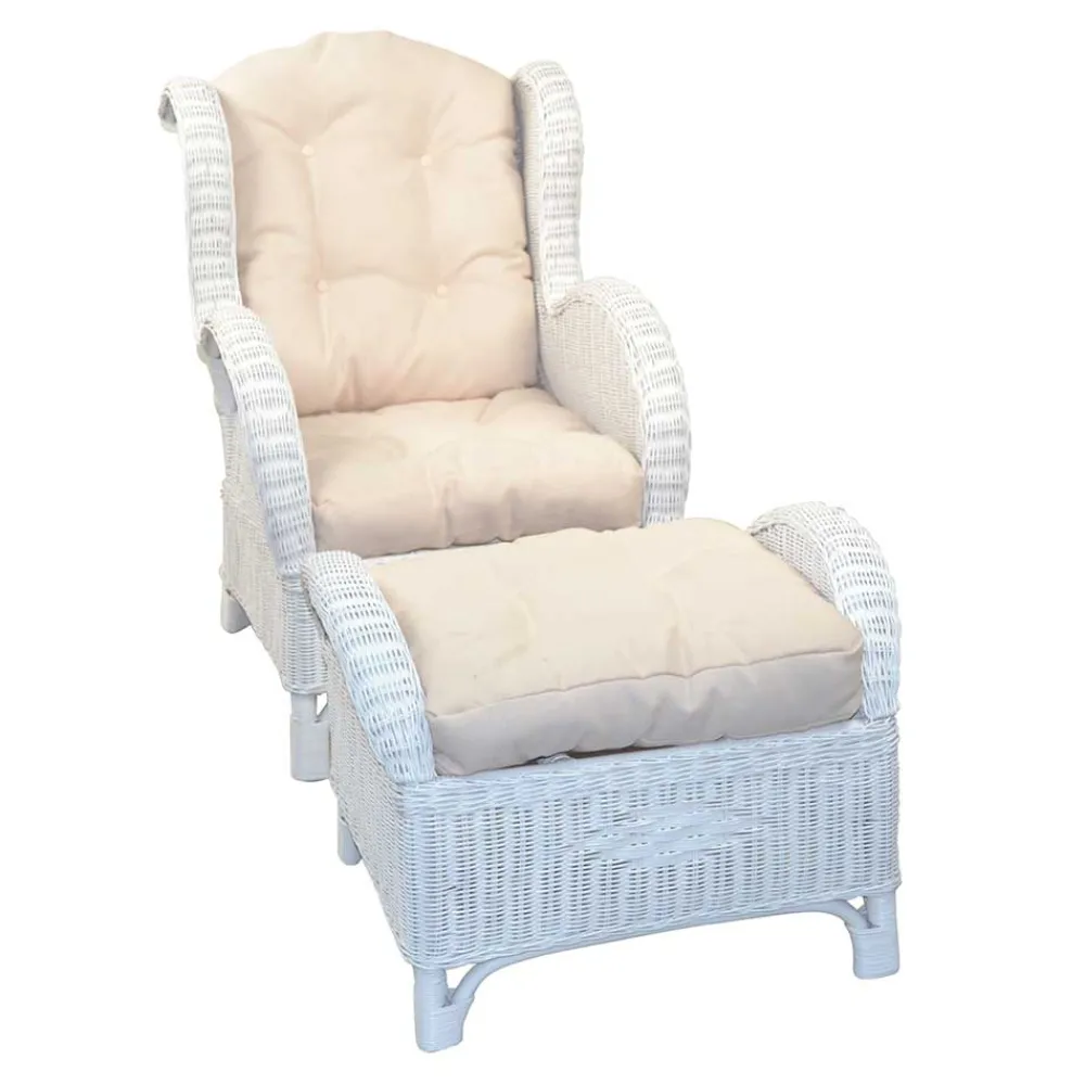 Wohnen Rattanmöbel|Sessel & Hocker*Weißer Geflechtsessel & Fußhocker - Ipolas (zweiteilig)