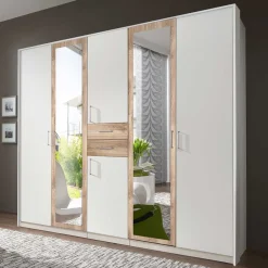 Wohnen Weißer Kleiderschrank mit Plankeneiche 225 cm breit - Leela