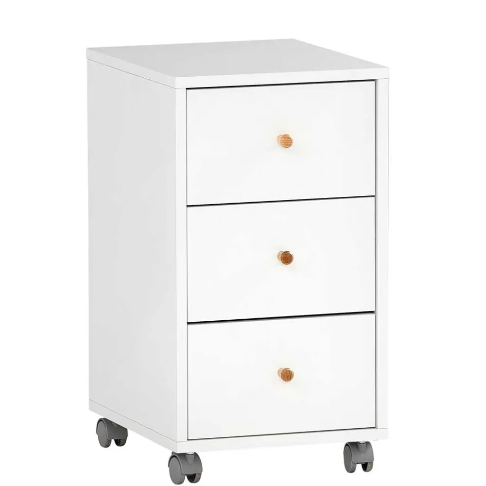 Wohnen Rollcontainer*Weißer Schreibtisch-Rollcontainer mit Holzgriffen - Obtin