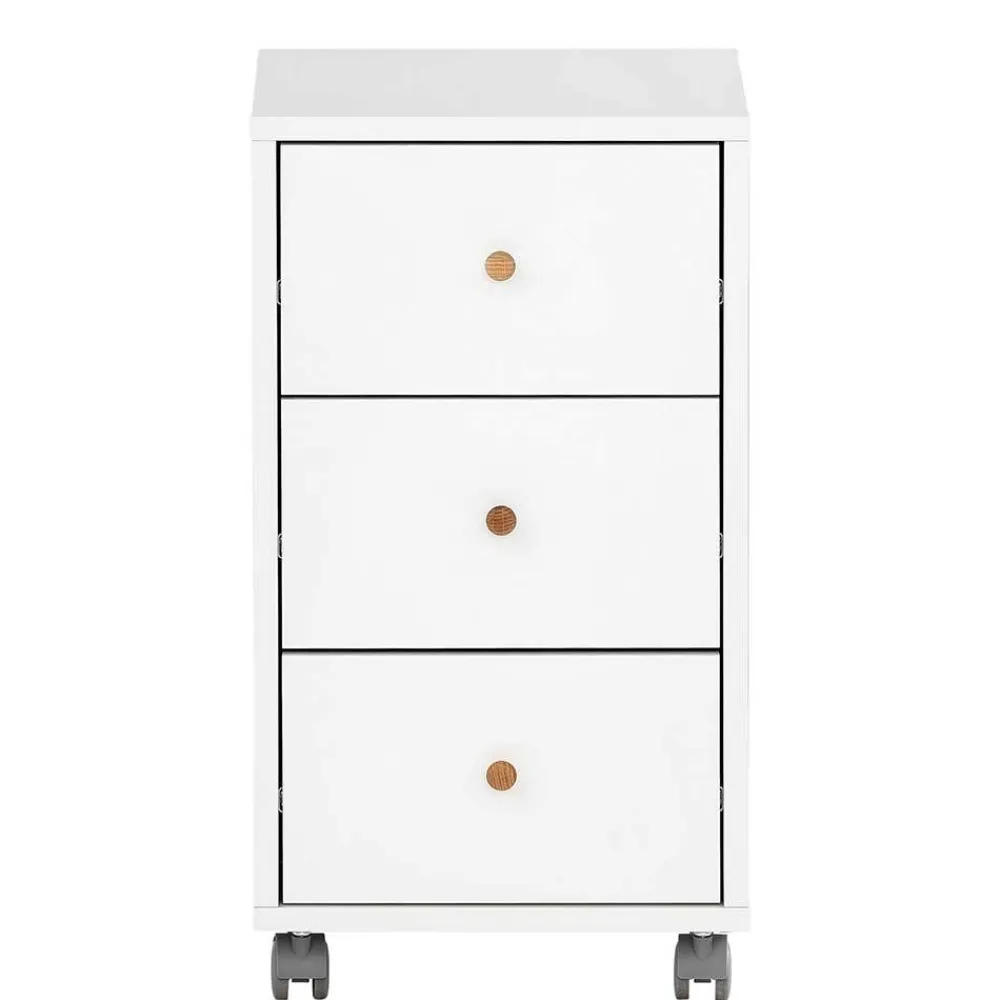 Wohnen Rollcontainer*Weißer Schreibtisch-Rollcontainer mit Holzgriffen - Obtin