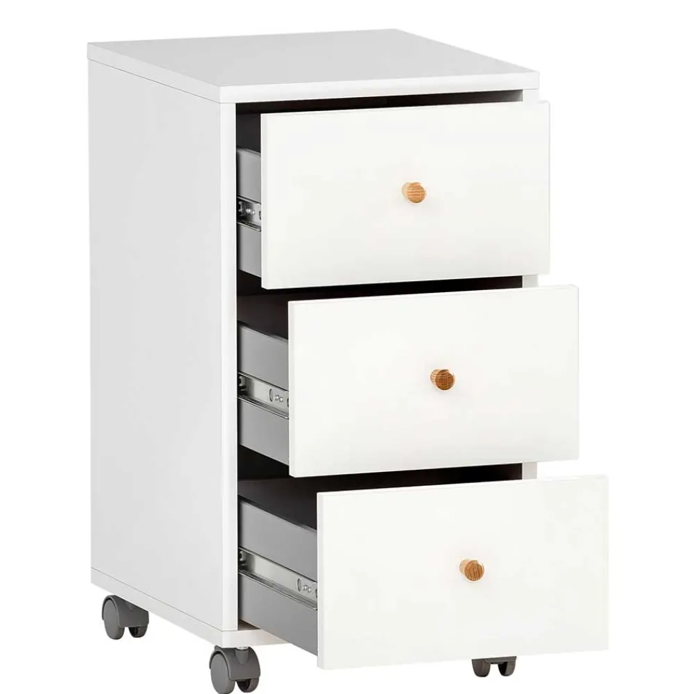 Wohnen Rollcontainer*Weißer Schreibtisch-Rollcontainer mit Holzgriffen - Obtin