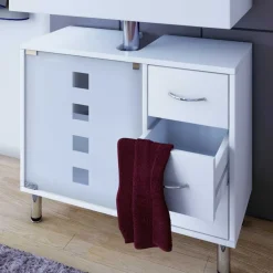 Wohnen Waschtisch|Waschbeckenunterschränke*Weißer Unterbeckenschrank mit Milchglas-Tür - Eiken