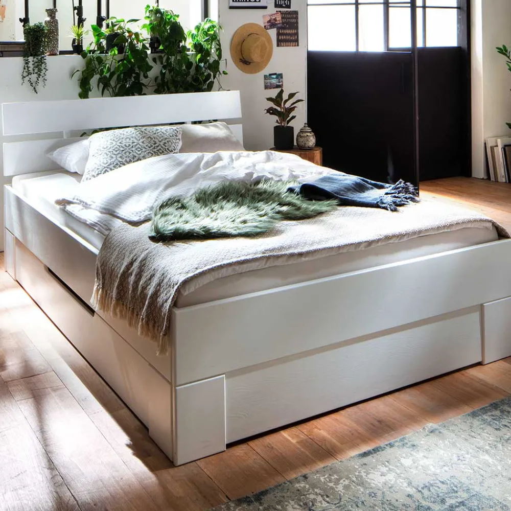 Wohnen Weißes Bettgestell aus Fichte Massivholz - Snoudy