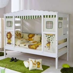 Wohnen Weiße Möbel|Kinderbetten*Weißes Hausbett aus Kiefernholz 90x200 Drois mit Tier Motiven