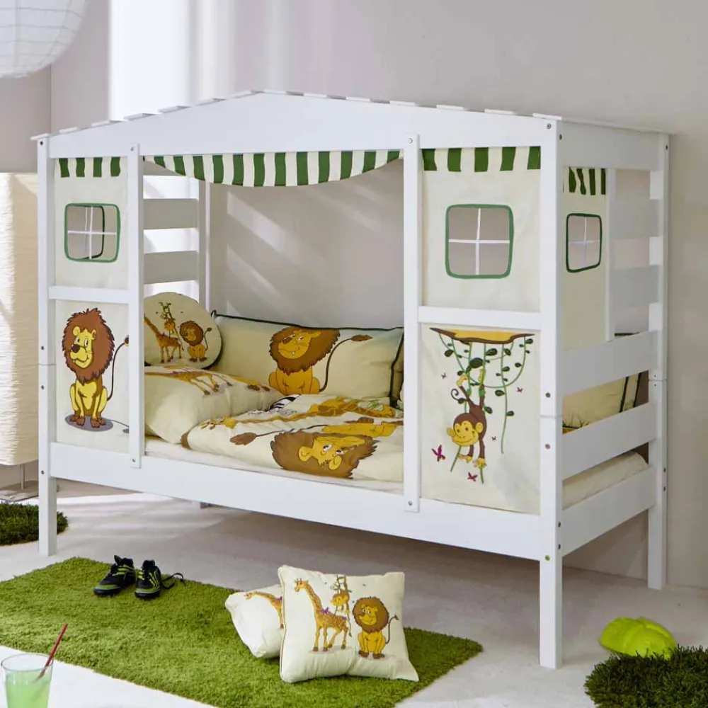 Wohnen Weiße Möbel|Kinderbetten*Weißes Hausbett aus Kiefernholz 90x200 Drois mit Tier Motiven