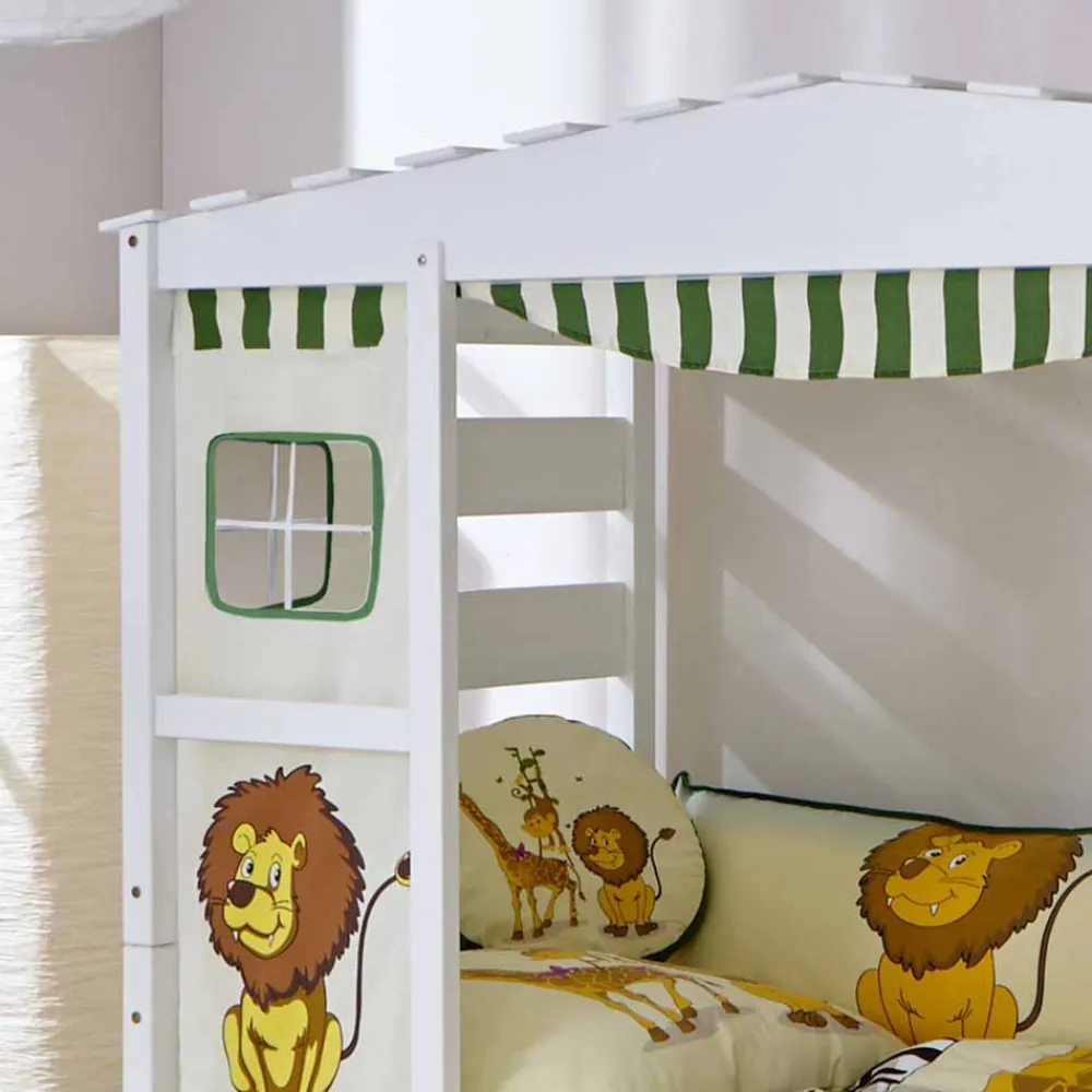 Wohnen Weiße Möbel|Kinderbetten*Weißes Hausbett aus Kiefernholz 90x200 Drois mit Tier Motiven