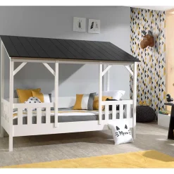 Kinder Wohnen Weißes Hausbett mit Dach in Schwarz - Gozo