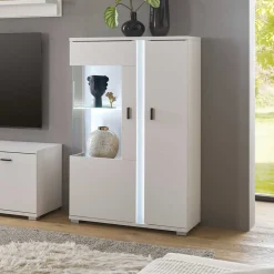 Wohnen Weißes Highboard mit Glaseinsatz und LED Beleuchtung - Tirol