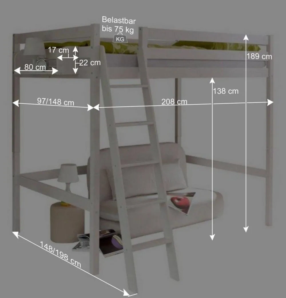 Wohnen Jugendbetten|Kindermöbel*Weißes Hochbett in 90x200 oder 140x200 - Kerfa