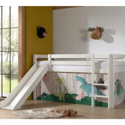 Wohnen Jugendbetten|Kinderbetten*Weißes Hochbett mit Dino Vorhangset - Cironna