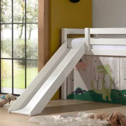 Wohnen Jugendbetten|Kinderbetten*Weißes Hochbett mit Dino Vorhangset - Cironna
