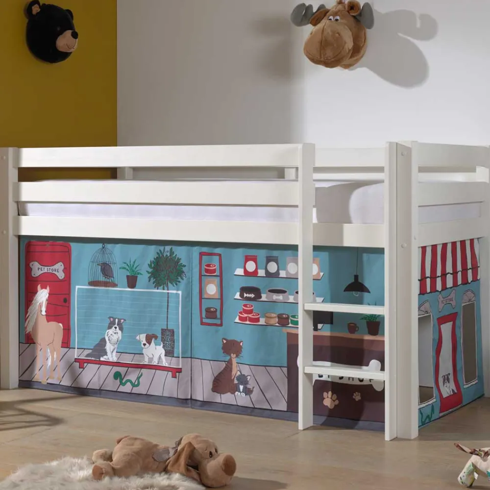 Wohnen Weiße Möbel|Jugendbetten*Weißes Hochbett mit Spielvorhang Zooladen - Nadals