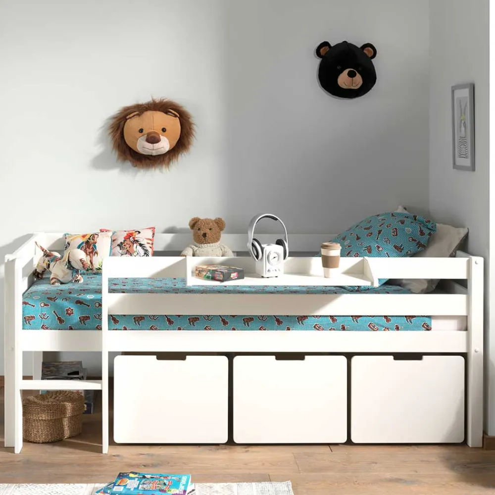 Wohnen Kinderbetten*Weißes Hochbett niedrig mit Hängeregal - Azuro