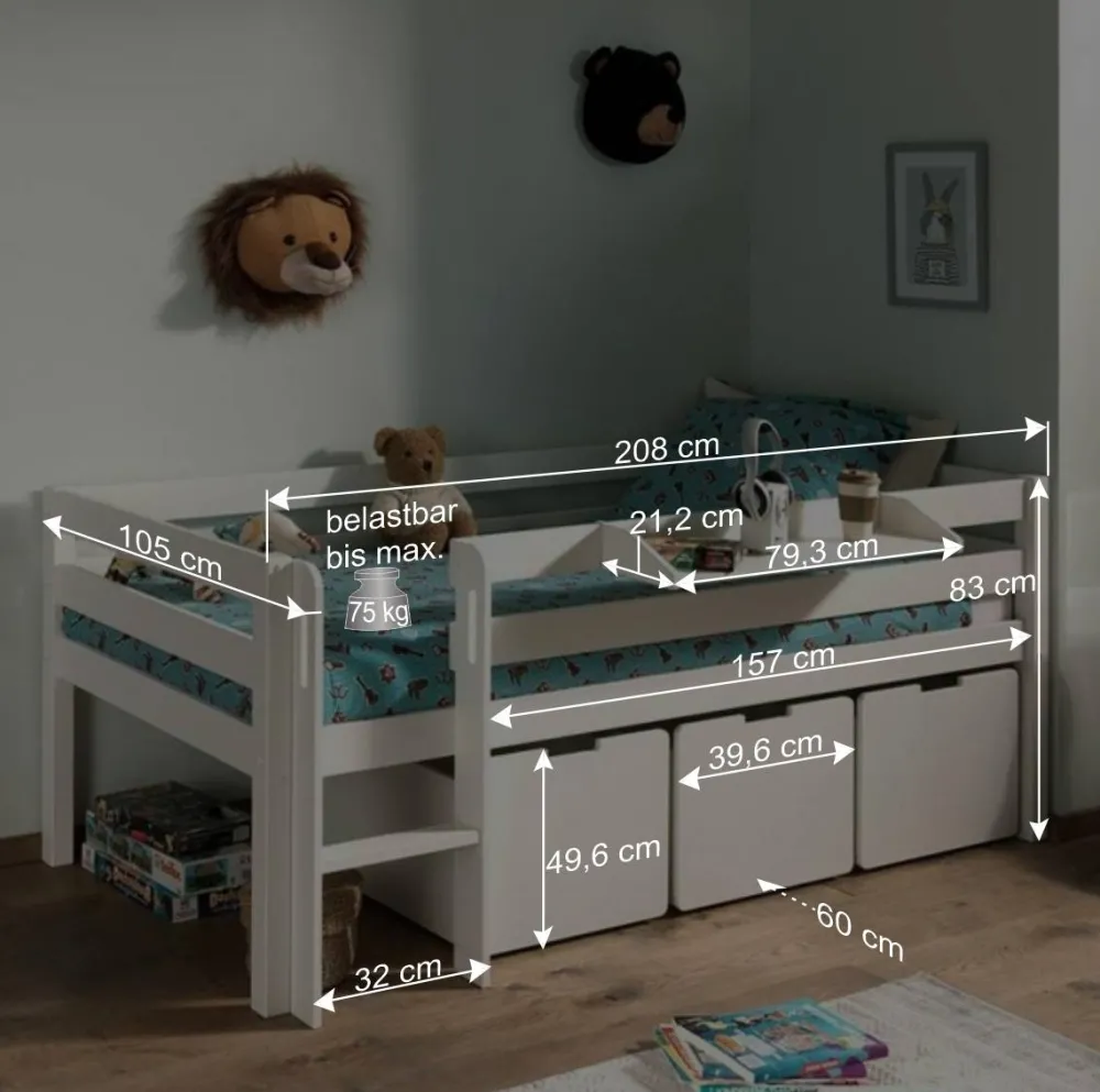 Wohnen Kinderbetten*Weißes Hochbett niedrig mit Hängeregal - Azuro