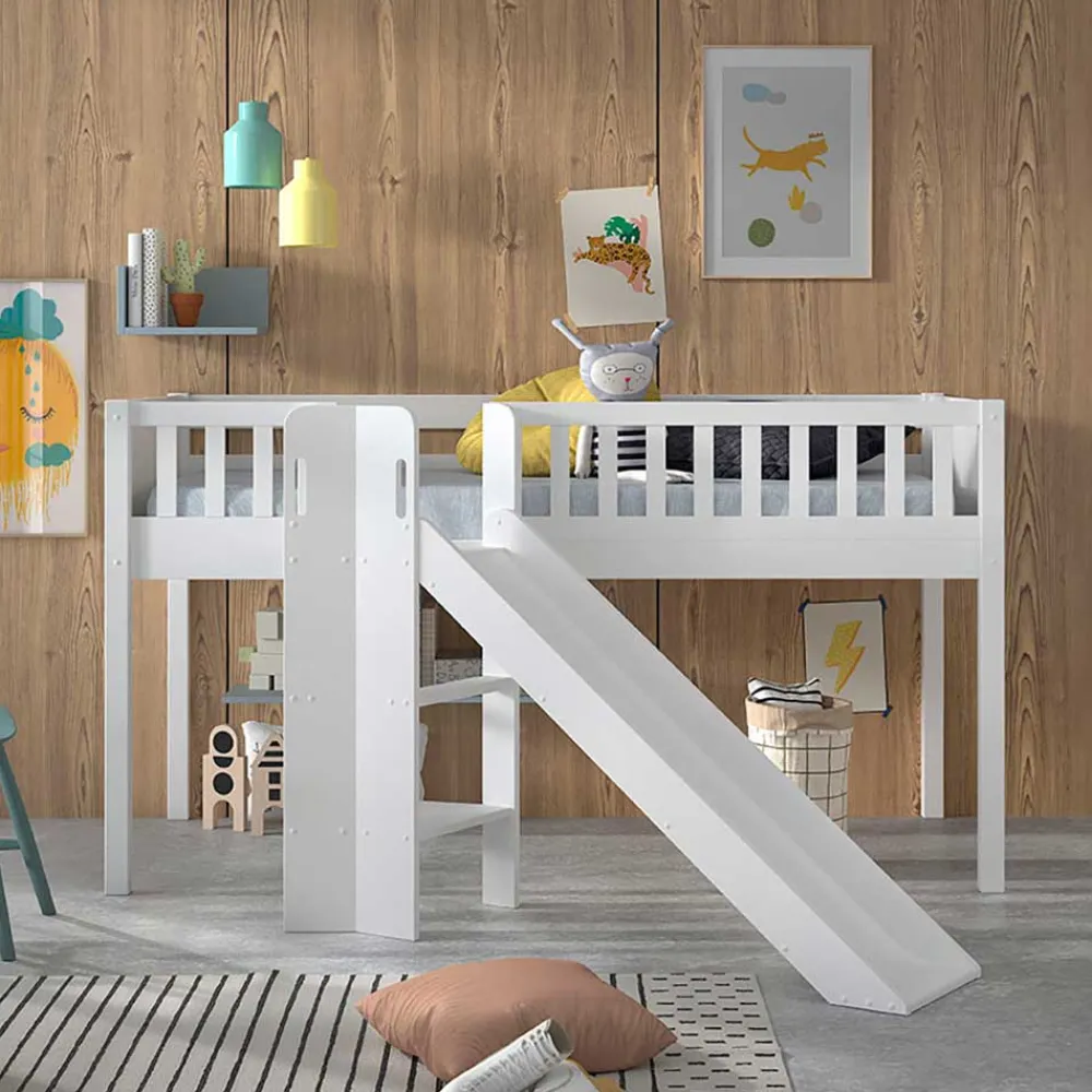 Kinder Wohnen Weißes Kinder-Hochbett mit schräger Rutsche - Ranuves
