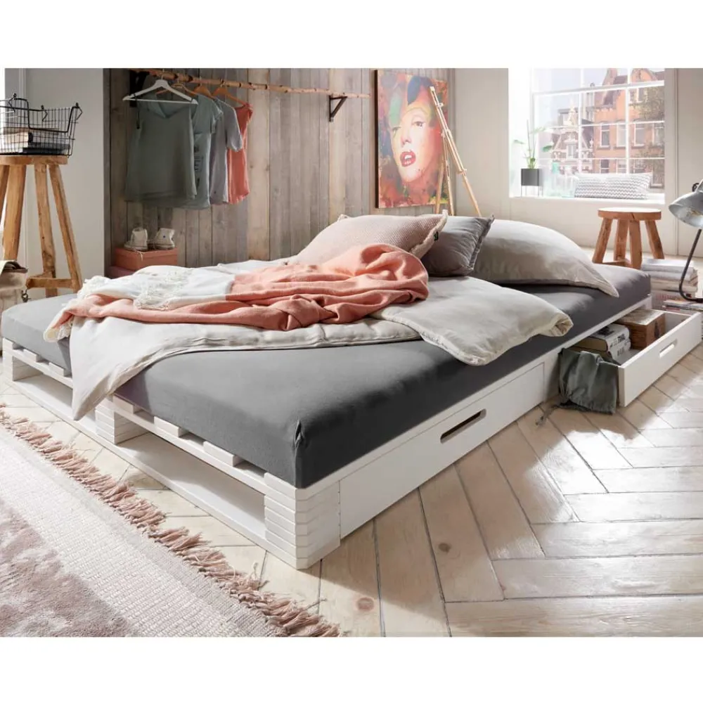 Wohnen Betten|Betten*Weißes Palettenbett aus Kiefer Massivholz - Idena