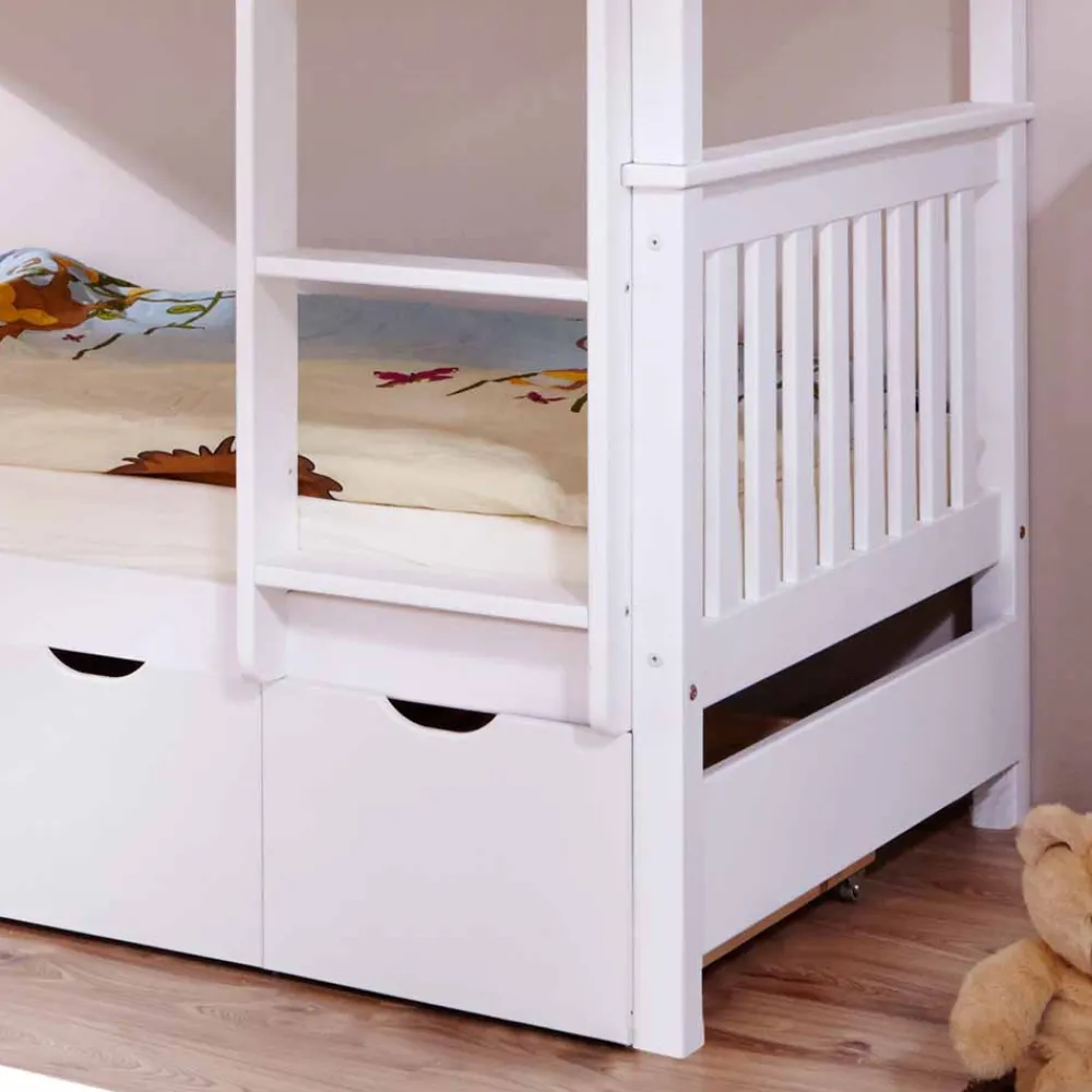 Wohnen Kinderbetten*Weißes Stockbett aus Massivholz Kiefer Huelca mit 5 Schubkästen