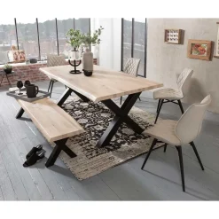 Wohnen White Wash Essgruppe mit X-Fuß Tisch - Tilveta I (sechsteilig)