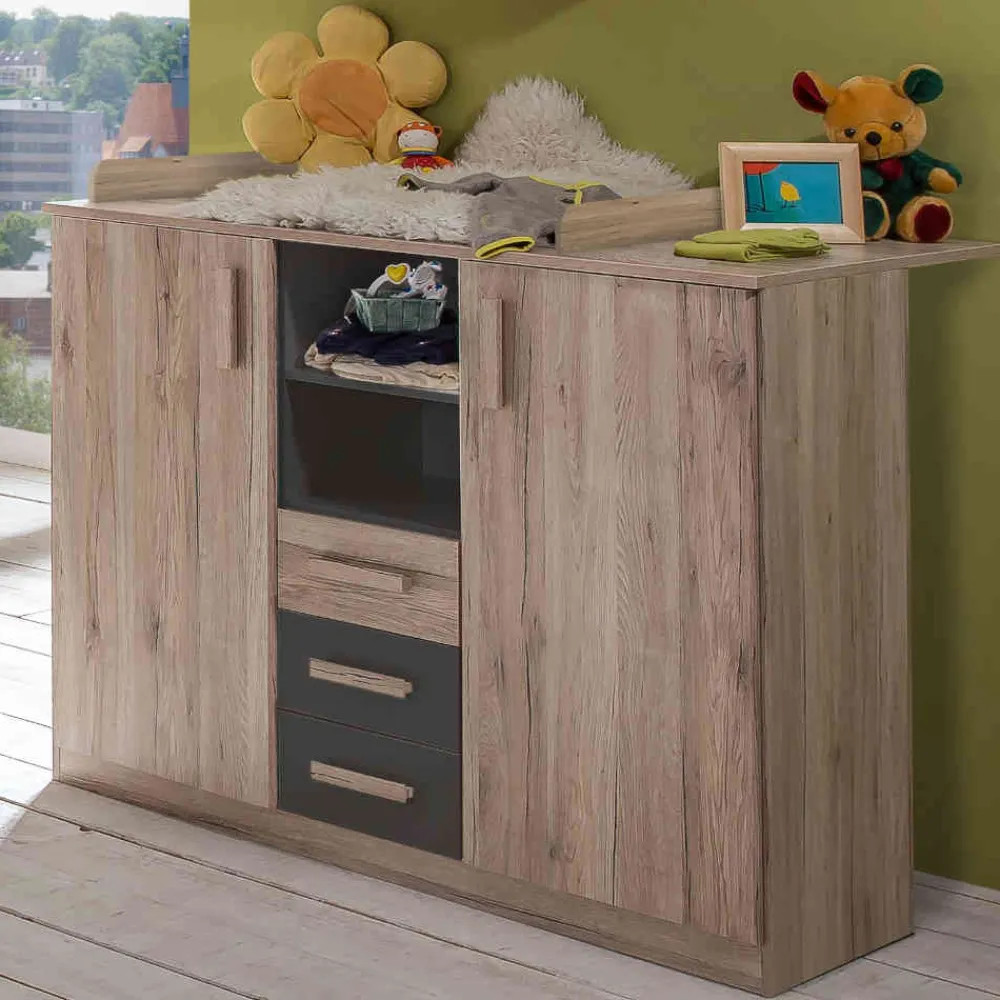 Wohnen Wickelkommode in Eiche San Remo & Dunkelgrau - Jilamenda