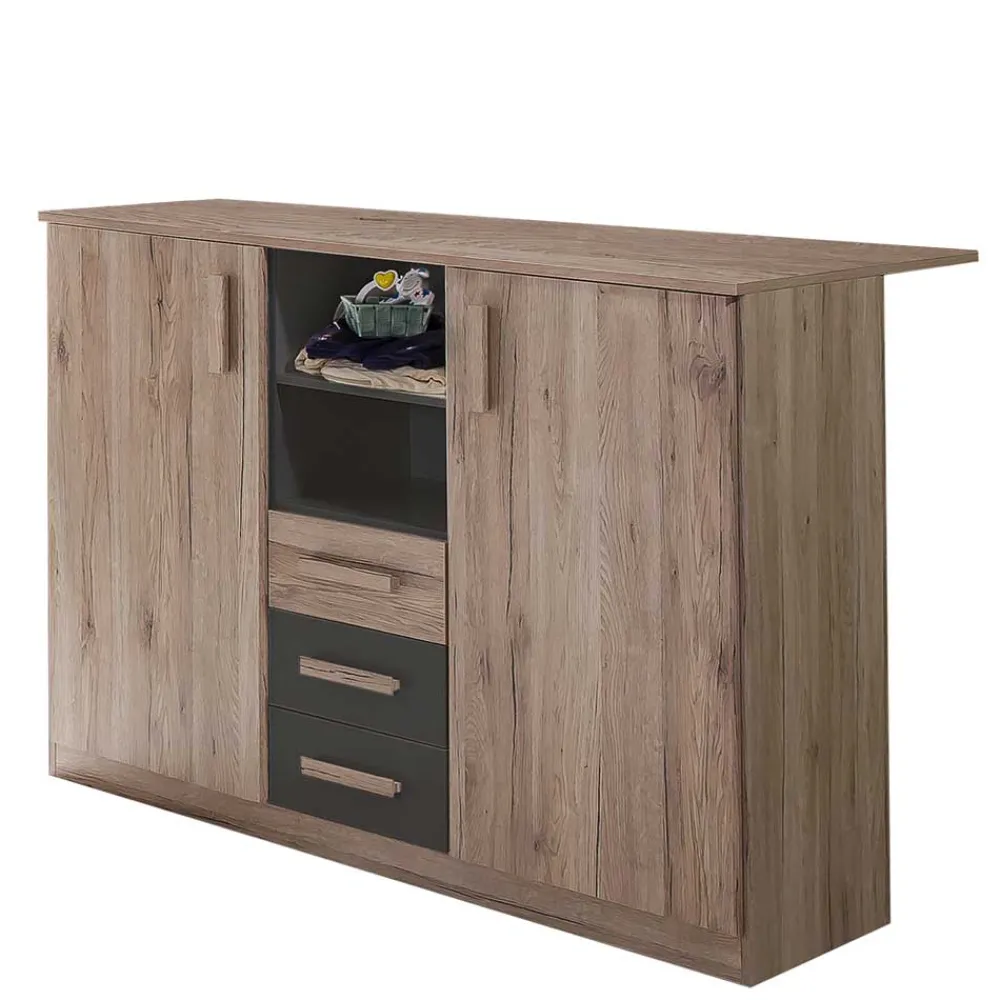 Wohnen Wickelkommode in Eiche San Remo & Dunkelgrau - Jilamenda