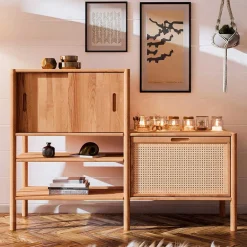 Wohnen Wildbuche Holzregal mit Schiebetüren - Indrya