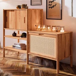 Wohnen Wildbuche Holzregal mit Schiebetüren - Indrya