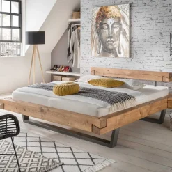 Wohnen Naturholzmöbel|Betten*Wildeiche Balkenbett in Schwebeoptik Iloventa mit Metallkufen Industrial