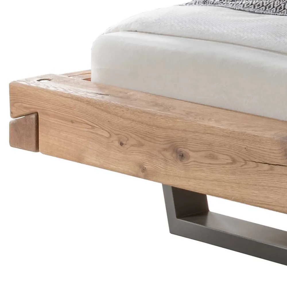 Wohnen Naturholzmöbel|Betten*Wildeiche Balkenbett in Schwebeoptik Iloventa mit Metallkufen Industrial