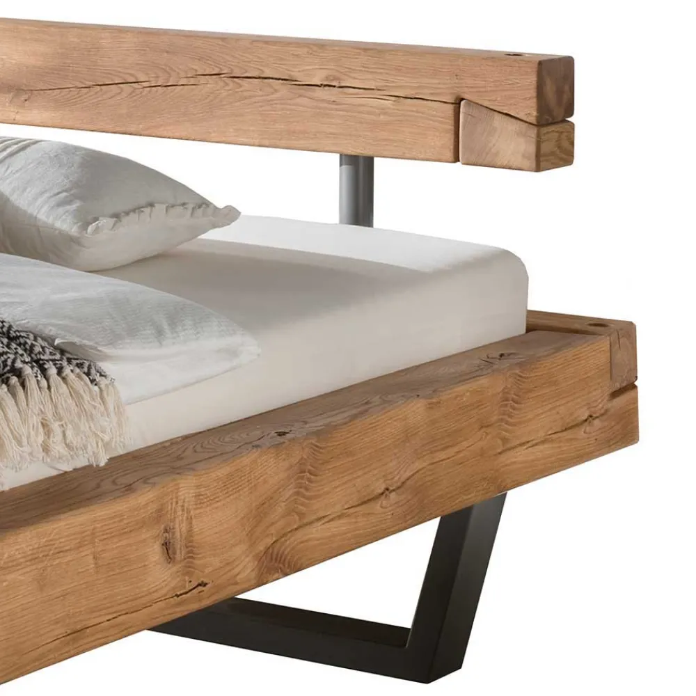 Wohnen Naturholzmöbel|Betten*Wildeiche Balkenbett in Schwebeoptik Iloventa mit Metallkufen Industrial