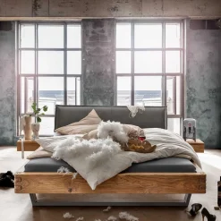 Wohnen Naturholzmöbel|Betten*Wildeiche Balkenbett mit Leder-Kopfteil - Reneva