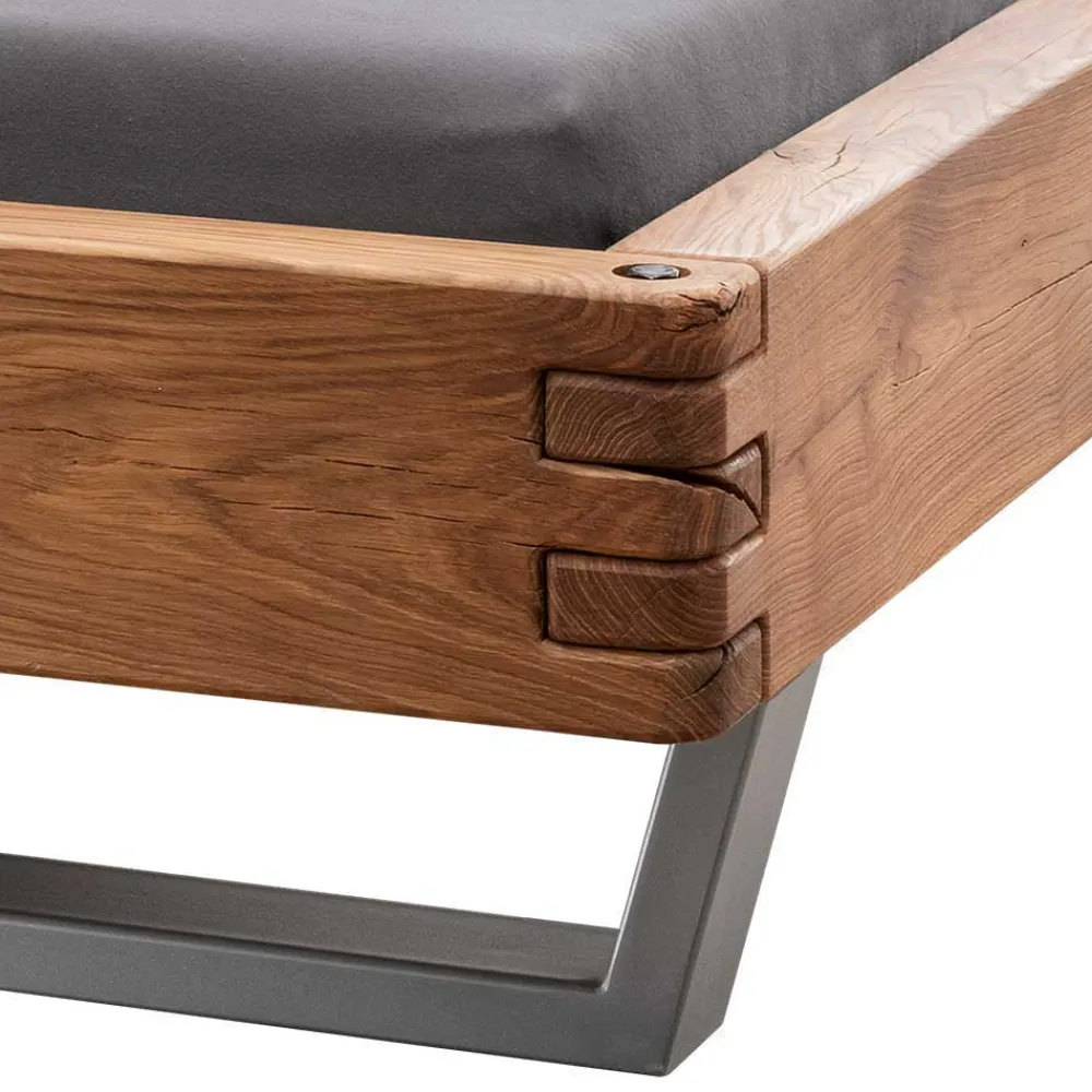 Wohnen Naturholzmöbel|Betten*Wildeiche Balkenbett mit Leder-Kopfteil - Reneva