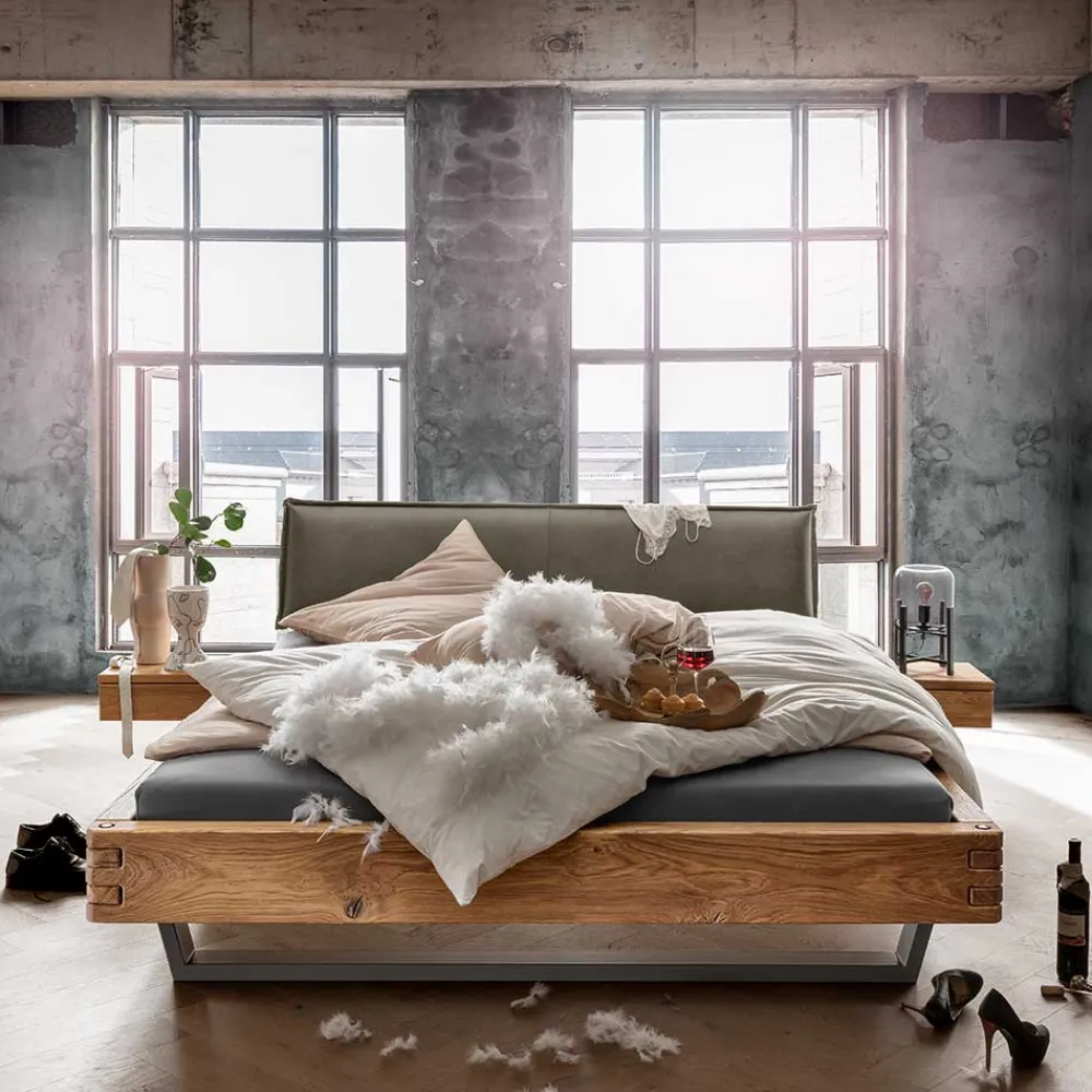 Wohnen Naturholzmöbel|Betten*Wildeiche Balkenbett mit Leder-Kopfteil - Abrahams