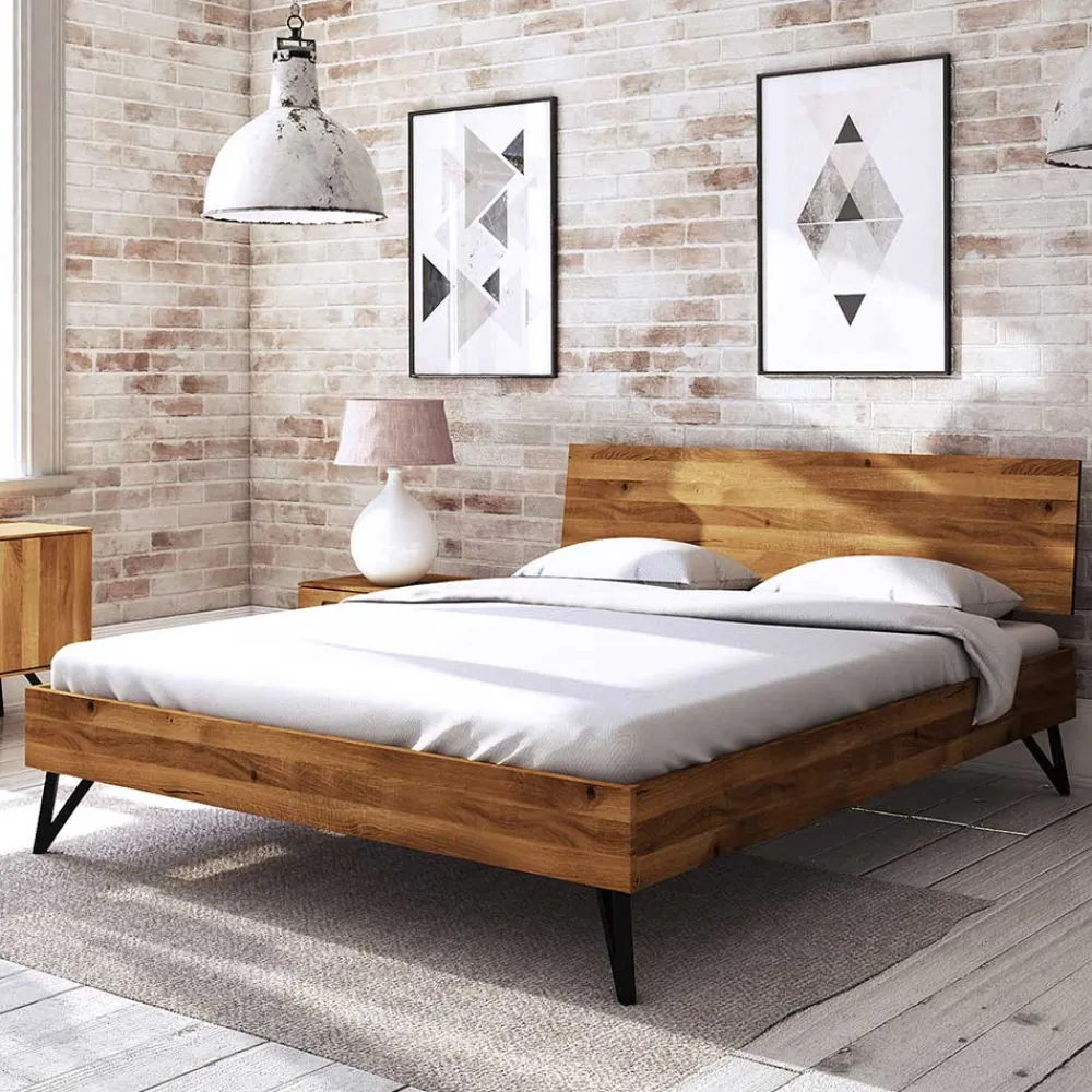 Wohnen Wildeiche Bett aus Stahlfüßen in Schwarz - Mandirov