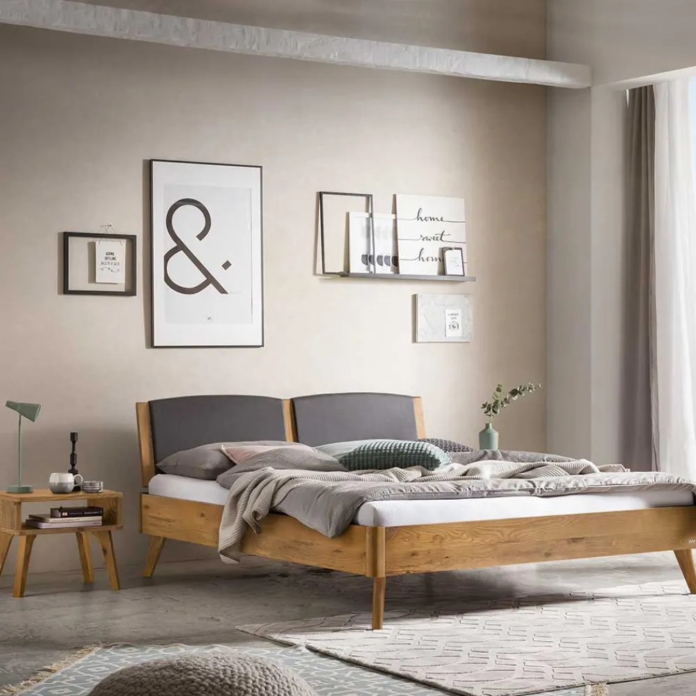 Wohnen Naturholzmöbel|Betten*Wildeiche Bett mit Kopfteilpolstern in Grau - Luxuria